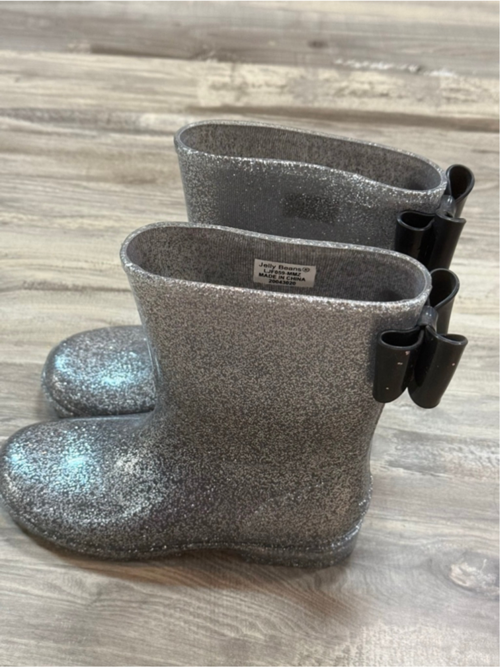 Jelly Beans Girls Silver Glitter Rain Boots Black Bow Size 2 - Picture 4 of 5